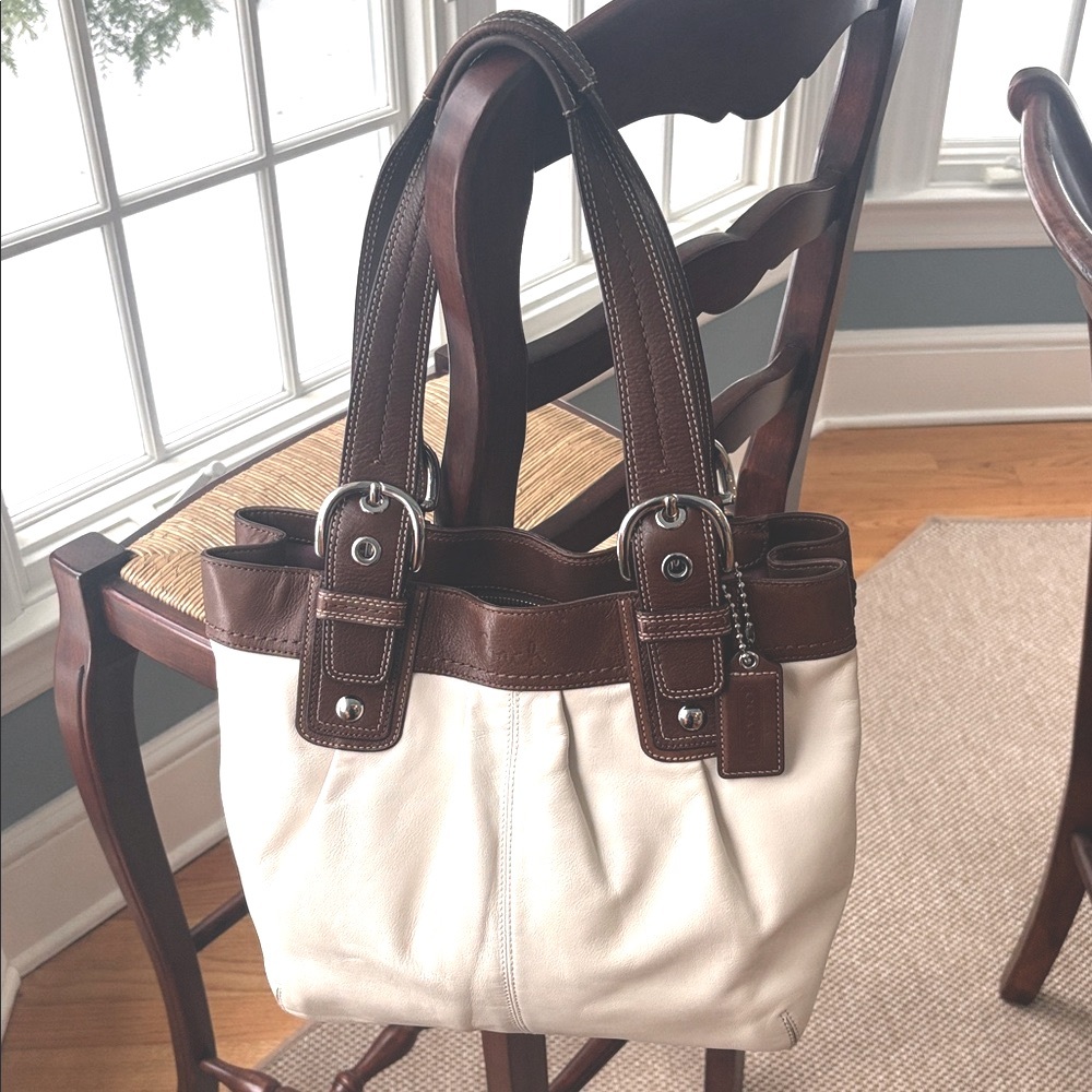 Coach Vintage Cream & Brown Leather Shoulder Bag/ Tote with Silver Hardware